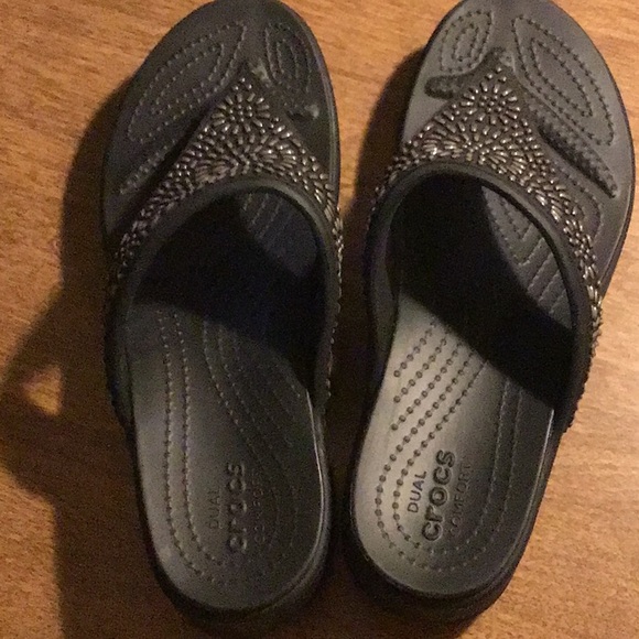 Crocs Monterey Diamante Womens Size 9 Black Thong Flip Flop Wedge Sandals 206343 - Picture 5 of 5